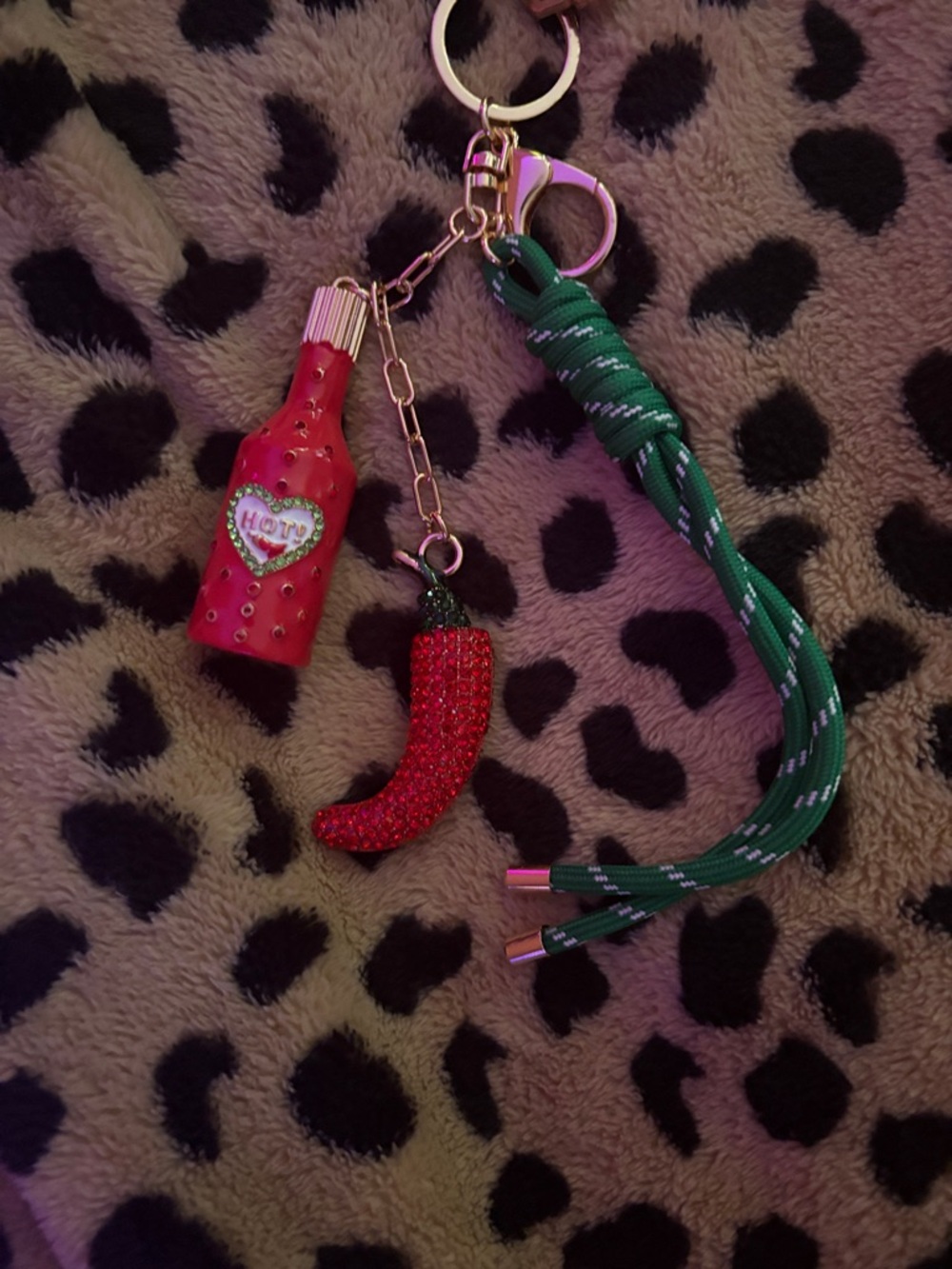 Red Chili & Bottle Charm Keychain with Green Rope Strap